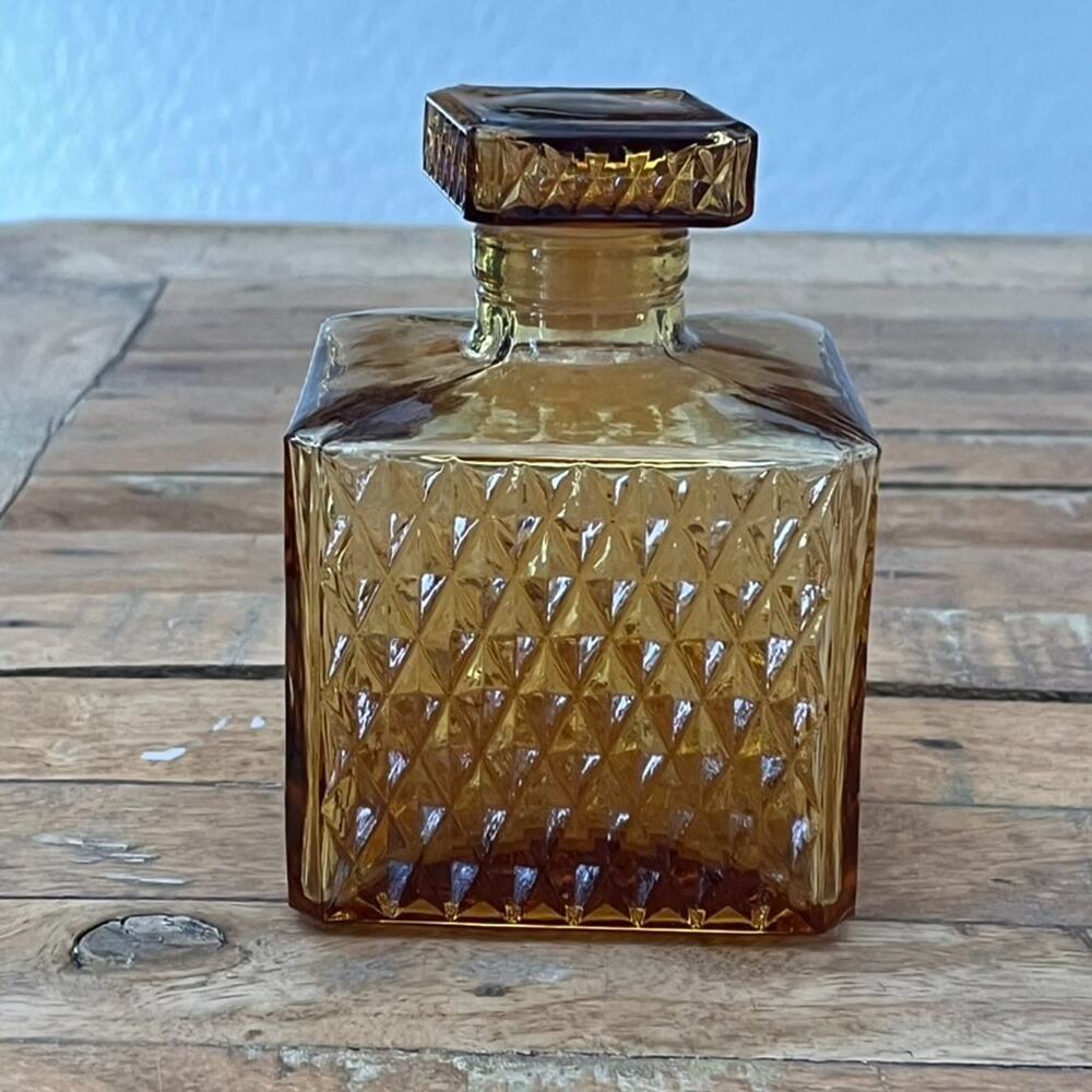 Decanter Amber Pressed Glass Diamond Cut Square Bottle Stopper Vintage Japan